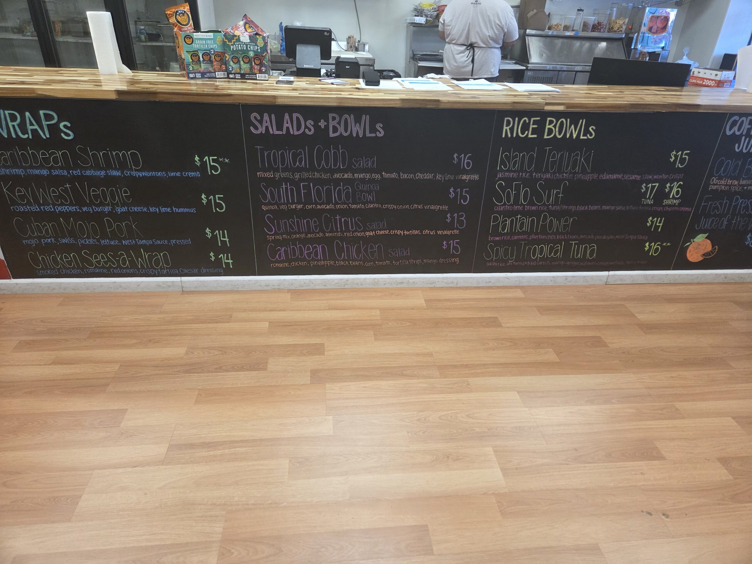 James pointing at a Florida sign inside the So Flo eatery in Abingdon.